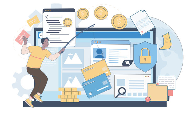 A person attempting to steal data with phishing tools shown in flat style on a background, conveying a cybersecurity threat concept. Hand-drawn vector illustration