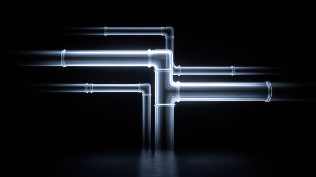Illuminated pipes forming an intricate network against a dark background, suggestive of plumbing and infrastructure. The design offers an abstract look into the flow and connectivity of the network