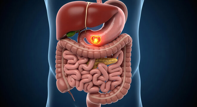 Human digestive system anatomy showing stomach ulcer or cancer