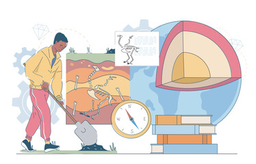 A person uncovering fossils in soil layers with educational flat style on a clean white background, expressing geology and paleontology concepts. Hand-drawn vector illustration © 100% HAND-CRAFTED