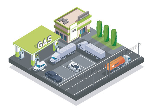 Cars and trucks at a modern gas station in isometric style on a clean white background, representing transport services and fueling concepts. Hand-drawn vector illustration