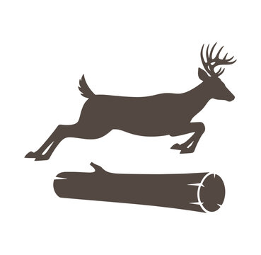 brown deer jumping over log on white background