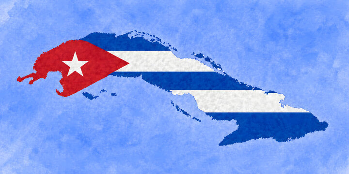 Cuba map with national flag over sky background, patriotic geographic illustration