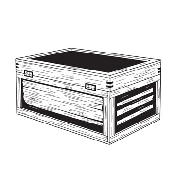 Monochrome wooden crate illustration with open top and slatted sides in lineart style.