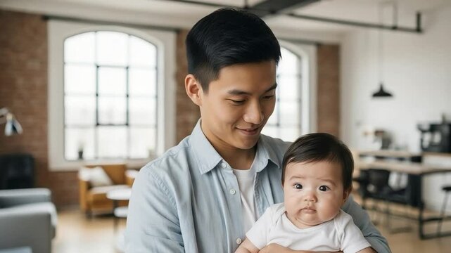 Happy young Asian father holding his infant baby in a modern loft apartment during paternity leave