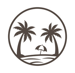 Obraz premium Brown palm tree beach scene with umbrella in circle frame icon