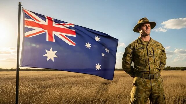 Australian Army Soldier in Camouflage Uniform Standing Proudly with National Flag in Open Field