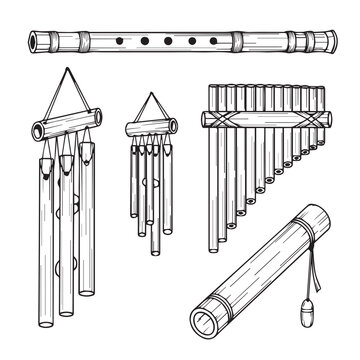 Illustrated collection of wind instruments including flute, panpipes, chimes and rain stick.