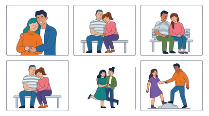 Fototapeta premium Illustrations of various couples showing affection, support, and togetherness in different poses and settings, depicting healthy relationships.