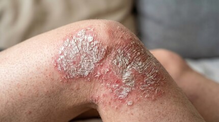 Fototapeta premium Psoriasis on a Persons Knee Showcasing Severe Plaque and Inflamed Scaly Skin Patches