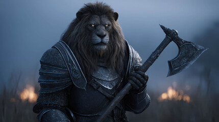 Obraz premium A lion warrior holding an axe, ready for battle, in a fantasy setting. The scene evokes strength and courage