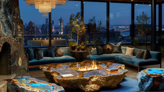 Luxurious penthouse lounge with city views
