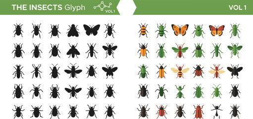  Insect Glyph Black Silhouette and Flat Colorful Butterfly Beetle Bee Bug Icon Vector Illustration Collection Set for Nature Design © MDShakhawat