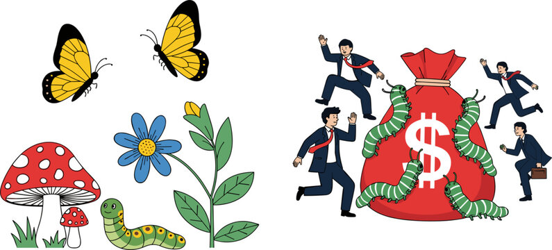Cartoon Nature Butterfly Mushroom Caterpillar Flower and Businessman Chasing Money Bag with Worm Vector Illustration Set for Business Design