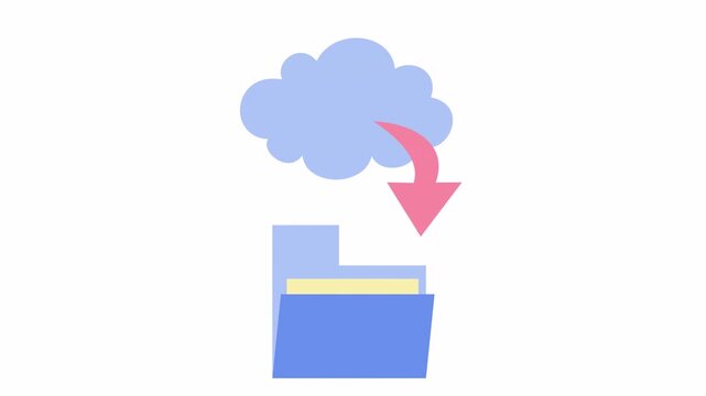 Blue folder icon with pink arrow downloading data from the cloud in a cartoon animation. Flat design file restoration and cloud storage data recovery icon in the alpha channel.