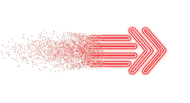 Red digital arrow symbol dissolving into particles