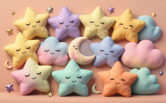 Cute star moon and cloud plush toys with smiling faces on soft pastel