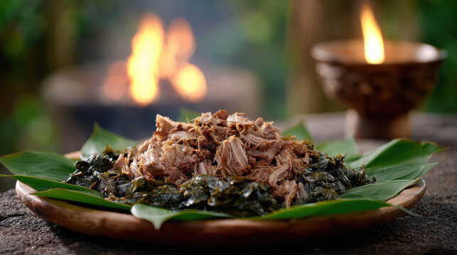 A culinary masterpiece, showcasing a delectable plate of kalua pig and luau leaves, complemented by an open fire and a bowl, evoking a sense of traditional cuisine