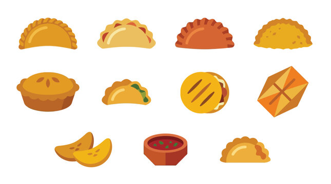 A vibrant collection of diverse empanada and pastry illustrations, showcasing various fillings and shapes, alongside dipping sauce and fruit slices.