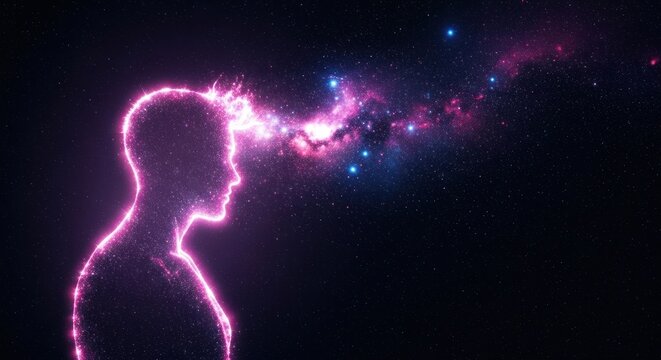Human silhouette with cosmic nebula flowing from mind in space