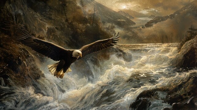 Majestic eagle soars above rushing water