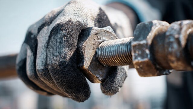 Close up of worker hand in safety glove tightening large metal nut