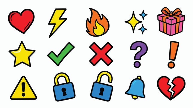 A vibrant collection of colorful, cartoon-style icons representing various concepts like love, danger, success, and security.