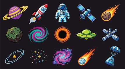 A vibrant collection of cartoon-style space-themed illustrations, featuring planets, rockets, astronauts, and celestial phenomena. © desiana