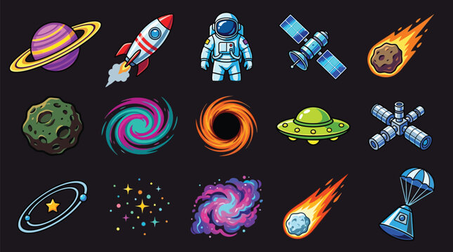 A vibrant collection of cartoon-style space-themed illustrations, featuring planets, rockets, astronauts, and celestial phenomena.
