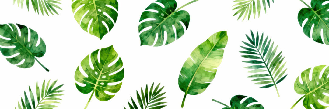 Watercolor Tropical Palm and Monstera Leaves