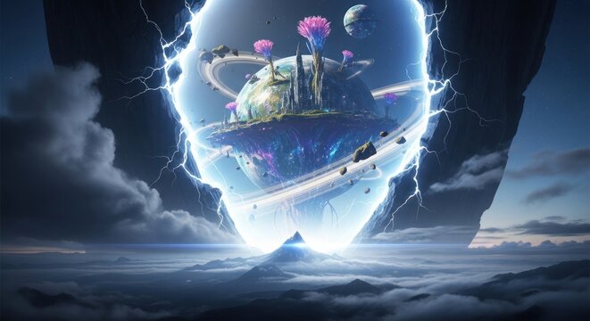 Interdimensional portal opening to a futuristic alien planet landscape
