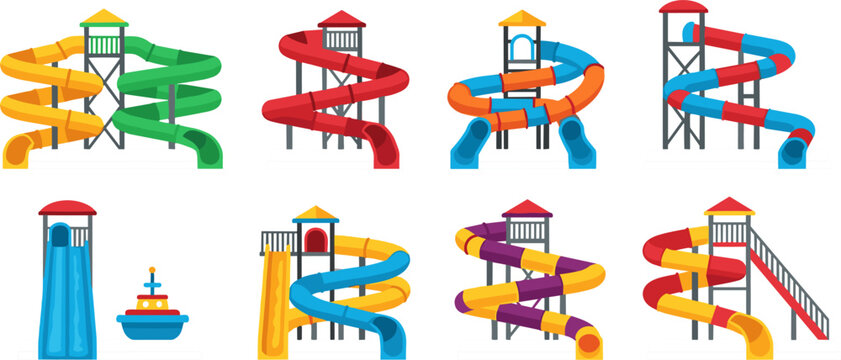 Colorful Cartoon Water Park Slide Tower Spiral Tube and Pool Attraction Collection Vector Illustration Set for Summer Amusement Design