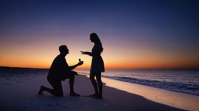 Silhouette of a man proposing to a woman on the beach at sunset
