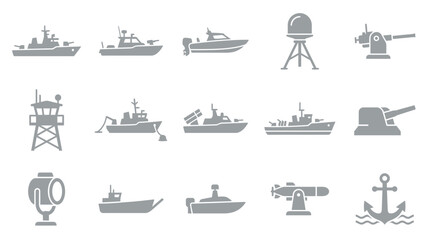 Collection of various naval and military vessels, weaponry, and equipment icons, including ships, boats, turrets, radar, and an anchor. © yuanita
