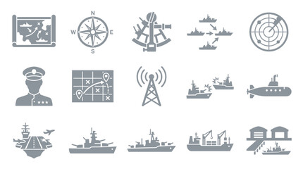 Collection of naval and military icons depicting ships, navigation tools, and military personnel for strategic planning and operations. © yuanita