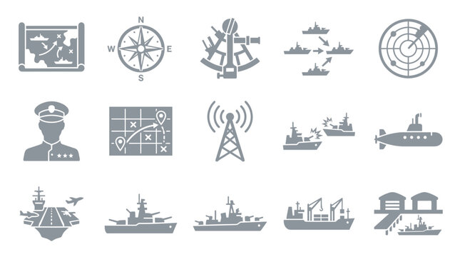 Collection of naval and military icons depicting ships, navigation tools, and military personnel for strategic planning and operations.