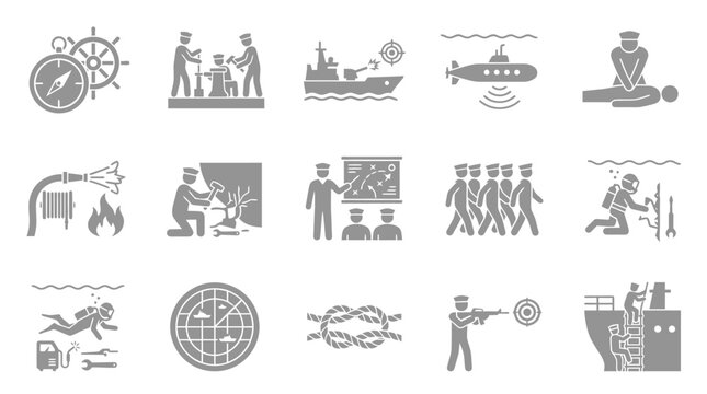 Collection of Navy and Maritime Icons Illustrating Various Operations and Training Scenarios.