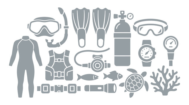 Collection of Scuba Diving Equipment and Marine Life Icons for Underwater Exploration and Recreation.