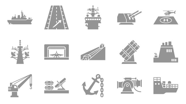 Collection of naval and military equipment icons, including ships, aircraft carriers, and weaponry.