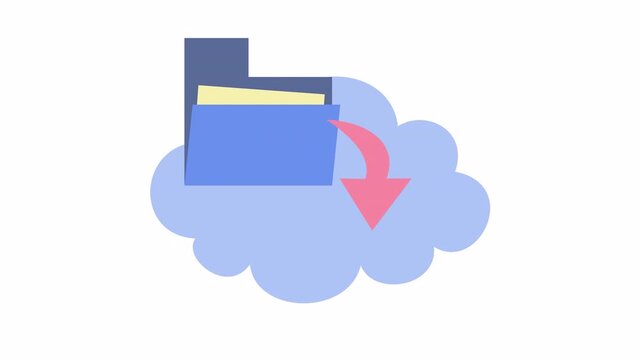 Blue folder icon with pink arrow downloading data from the cloud in a cartoon animation. Flat design file restoration and cloud storage data recovery icon in the alpha channel.
