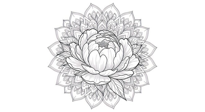 Detailed black and white illustration of a peony blossom layered over a geometric mandala