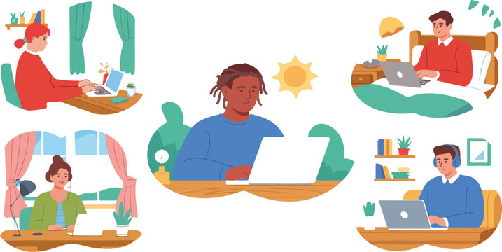 Diverse People Working Remotely from Home Work From Home Concept Flat Vector Illustration