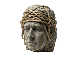 Obraz premium Weathered Stone Human Head Wrapped in Thick Rope, Surreal Concept Sculpture Isolated on Transparent Background 