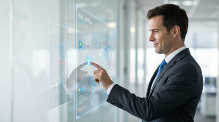 Obraz premium Businessman interacting with a digital world map hologram interface