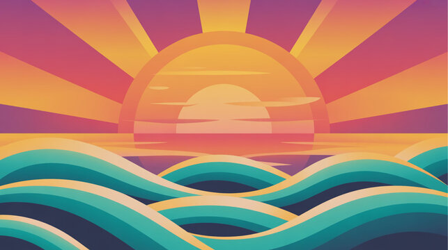 Sunrise over ocean waves, vibrant sunset, colorful illustration, vector landscape