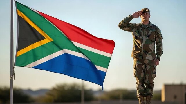 Young adult male South African soldier in camouflage uniform saluting the national flag outdoors