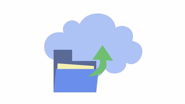 Blue folder icon with green arrow uploading data to the cloud in a cartoon animation. Flat design digital file migration and cloud storage synchronization concept in the alpha channel.