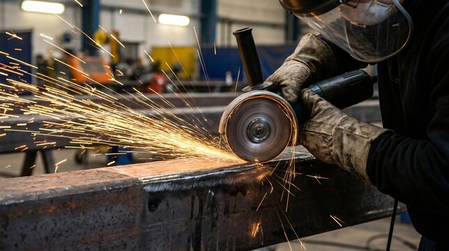 A person in a workshop is grinding steel with sparks flying everywhere using protective gear.