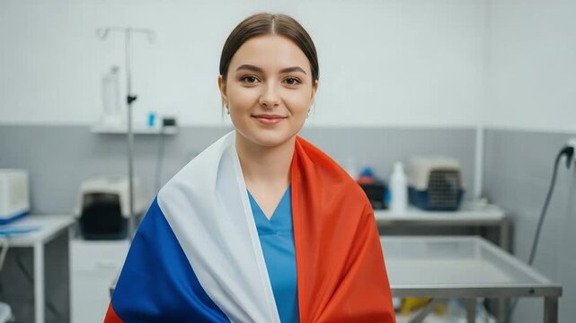 Young Russian female veterinarian in blue scrubs draped in national flag at animal clinic