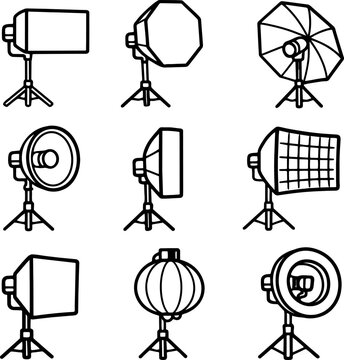 Set of professional photography softbox lights and reflectors on stands for studio